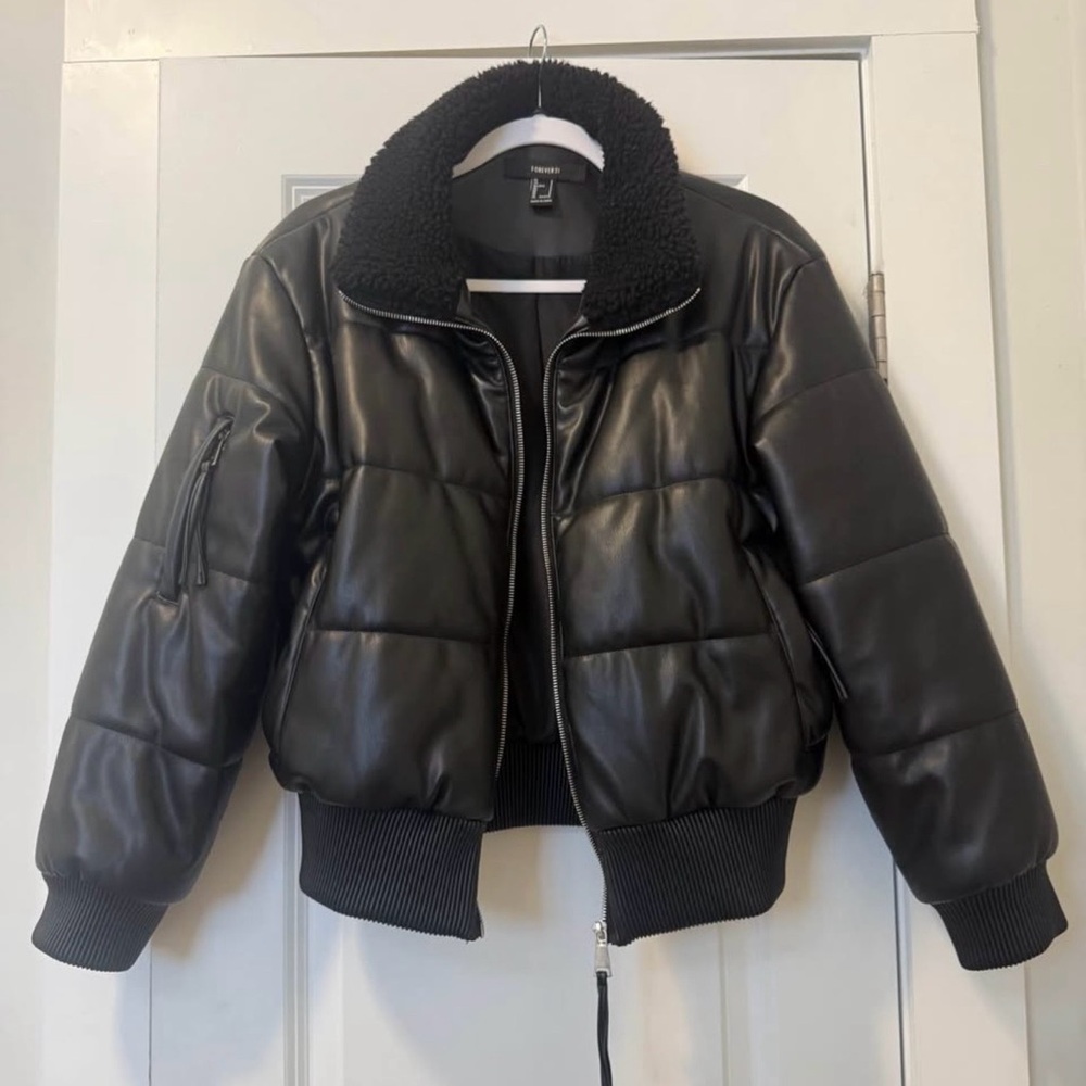 Black Puffer Jacket with Sherpa Collar
